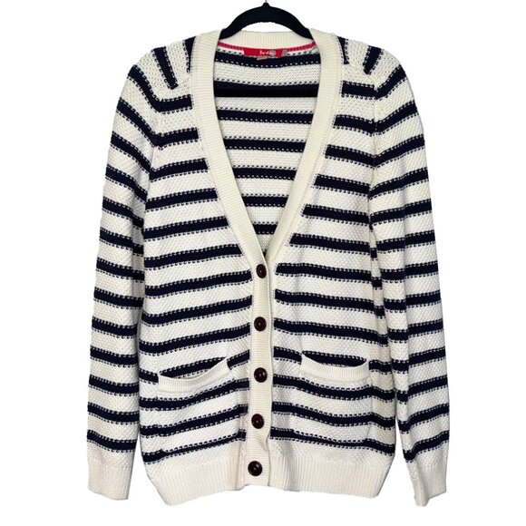 Boden 100% Cotton Blue & Ivory Striped Chunky V-Neck Cardigan - Size 12 - Picture 2 of 5